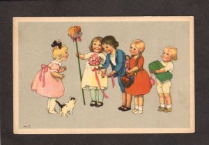 M.F. Children Flowers Gifts cat Vintage Postcard