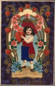 VALENTINE Child w Hearts REAL SILK CLOTHING c1910 Postcard