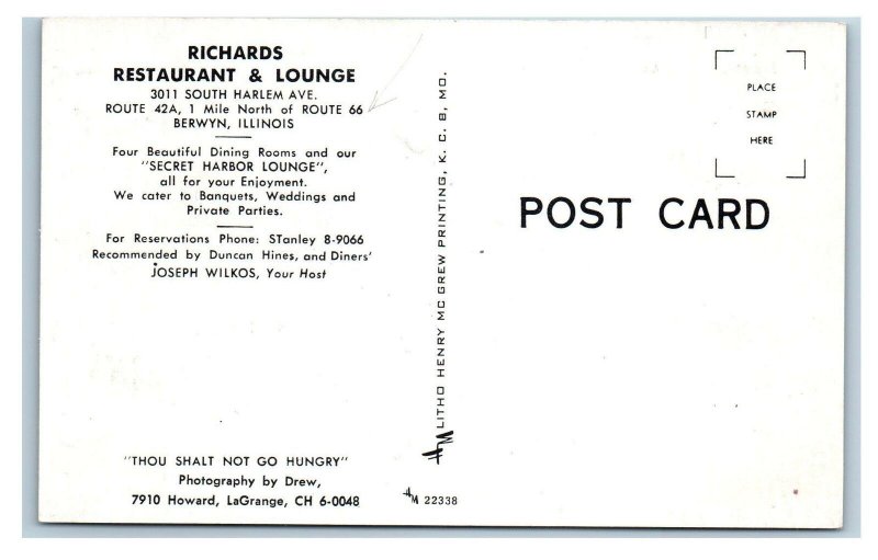 BERWYN, IL ~ Roadside RICHARDS RESTAURANT & Lounge Night NEON c1950s Postcard