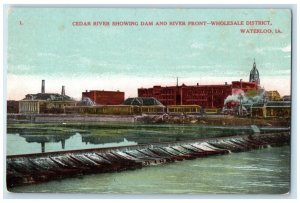 c1910 Cedar River Dam River Front Wholesale District Waterloo Iowa IA Postcard