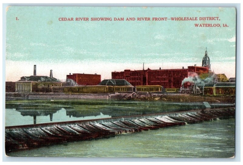 c1910 Cedar River Dam River Front Wholesale District Waterloo Iowa IA Postcard