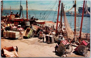 Fish Pier Boston Massachusetts Steamship & Fisherman Visitor's Interest Postcard