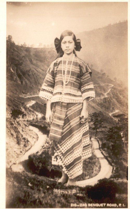 Postcard Real Photo Young Girl in Native Dress Zig-Zag Benguet Road P.I. RPPC 