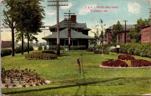 Postcard L.S. & M.S. Railroad Depot and Park in Elkhart, Indiana~137902