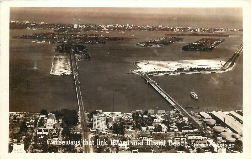 RPPC Postcard; Causeways Link Miami & Miami Beach FL, Gerecke #42, Posted 1940