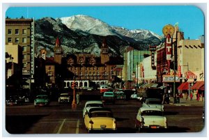 c1970's Cars Scene, Antlers Hotel Pikes Peak Avenue Colorado Springs CO Postcard