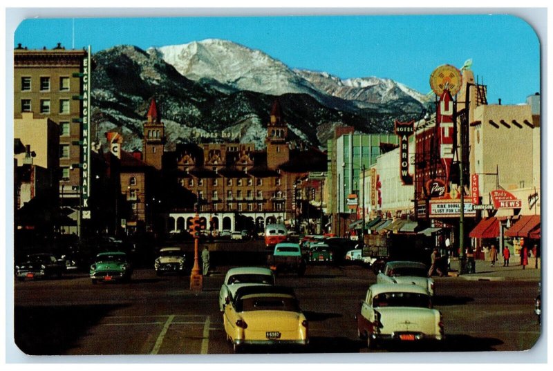 c1970's Cars Scene, Antlers Hotel Pikes Peak Avenue Colorado Springs CO Postcard