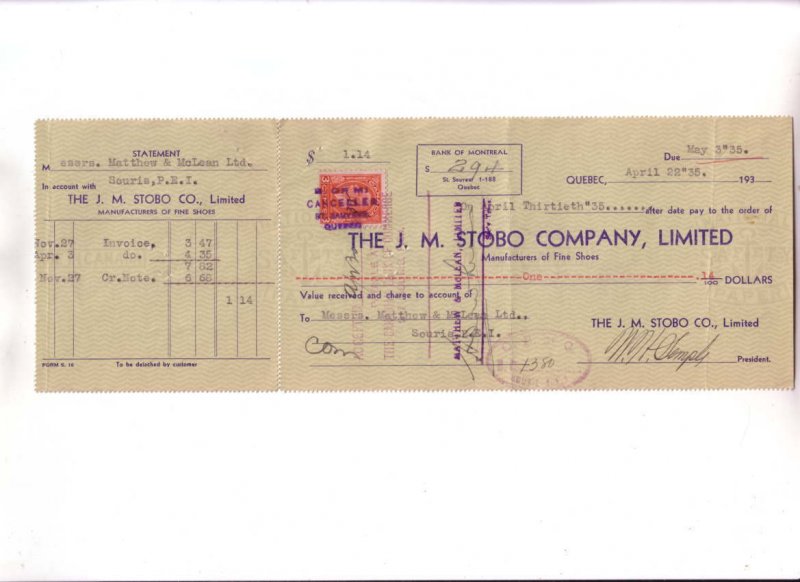 Custom Cheque from JM STOBO Company, Fine Shoes, Edward Stamp Canada, Montreal