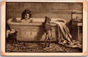 1911 You Naughty Dog Dog Spying Woman Taking A Bath In Tub Postcard