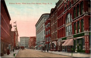 Postcard NY Troy Fulton Street West from Fifth Street Drug Store ~1910 B1