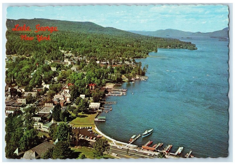 c1950's Lake George Looking North Aerial View Harbor Boats New York NY Postcard