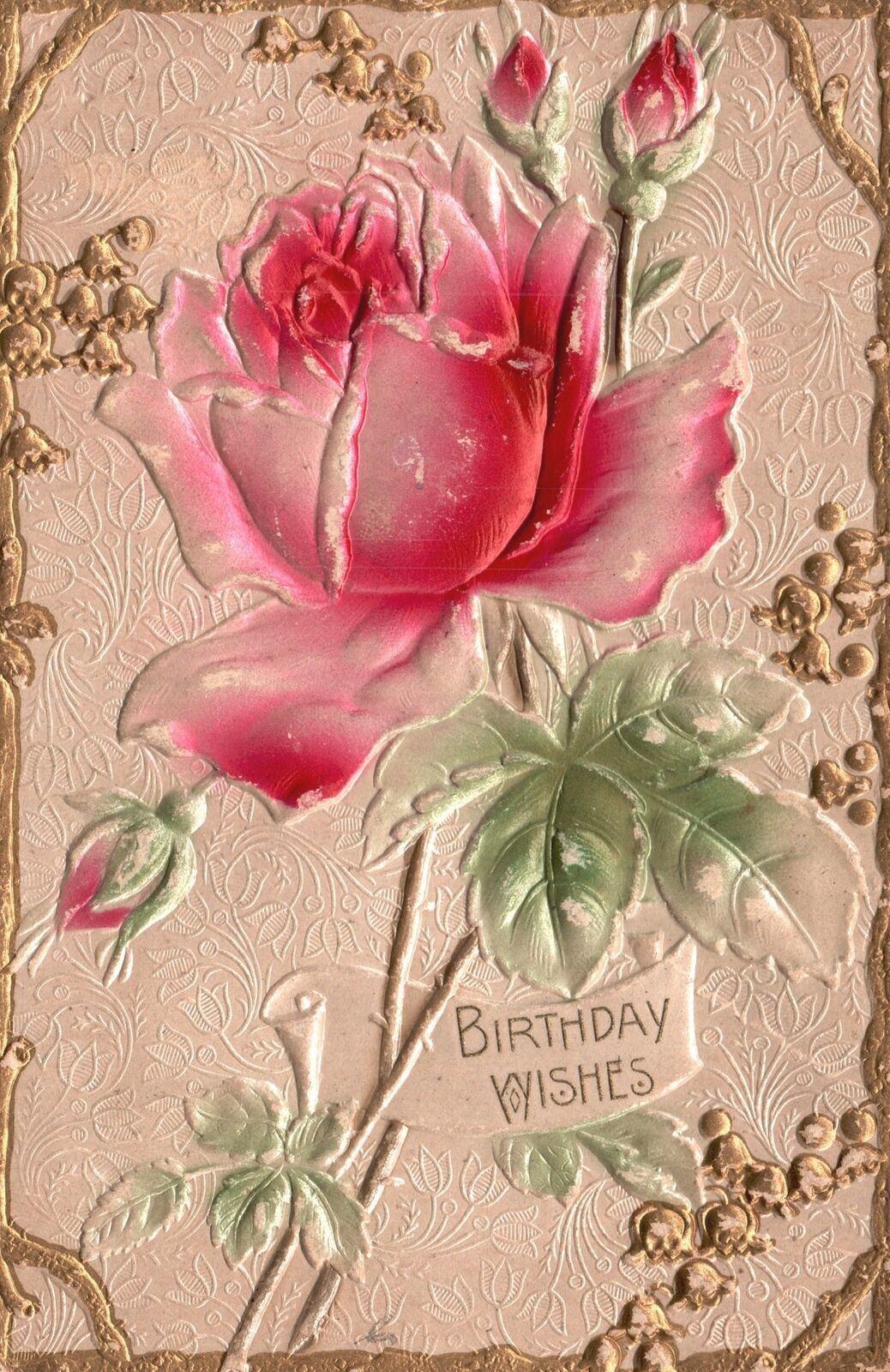 Vintage Postcard Birthday Wishes Red Rose Golden Edge Greetings On