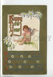 444065 NEW YEAR Nude Winged ANGEL w/ Flowers USA Vintage postcard EMBOSSED