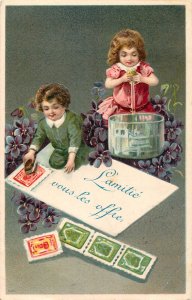 Friendship embossed greetings lovely drawn children ironing stamp on letter 1910