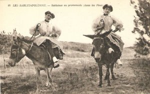 Donkeys. Sablaises ladies donkey ride Old vintage French postcard