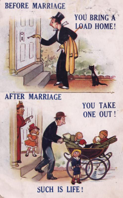 Before & After Marriage Pram Children Married Comic Humour Postcard