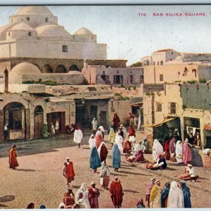 c1910s Tunis, Algeria Bab Sujk Square Crowd Mosque Temple Robe Arab Moor PC A226