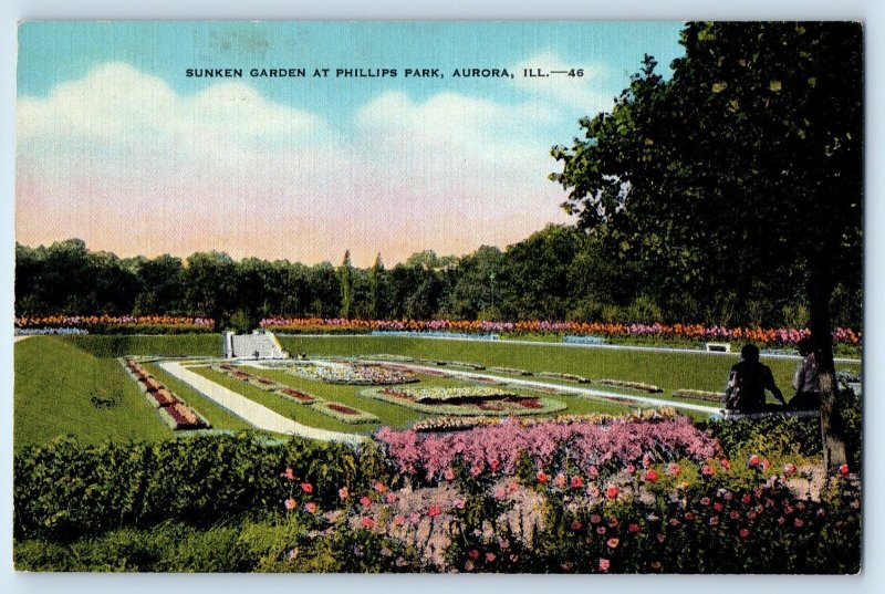 c1940 Aurora Illinois Vintage Postcard Sunken Garden Phillips Park Flower Field