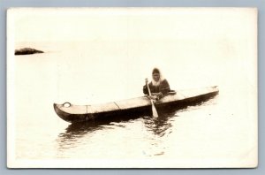 ESKIMO SKIN BOAT UMIAK VINTAGE REAL PHOTO POSTCARD RPPC