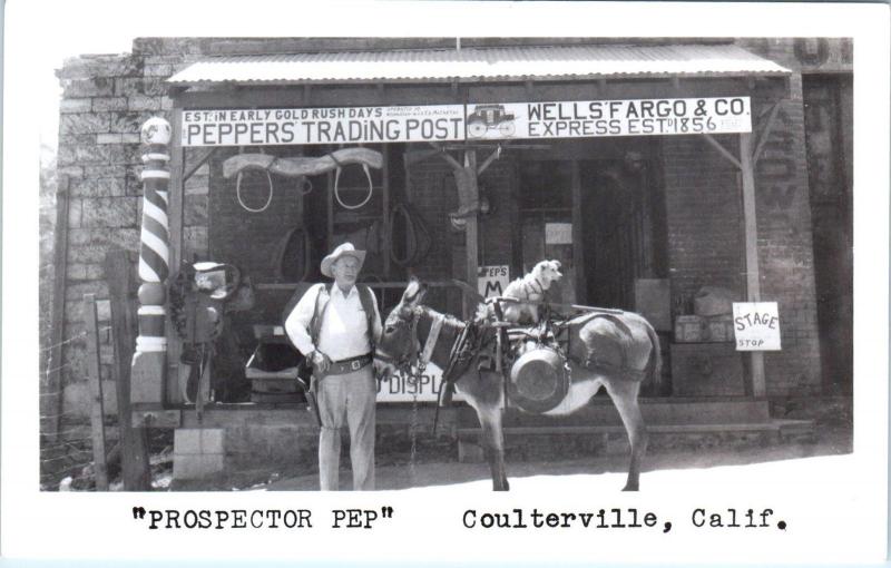 RPPC COULTERVILLE, CA  PEP & MULE at  PEPPER'S Trading Post  c1950s  Postcard