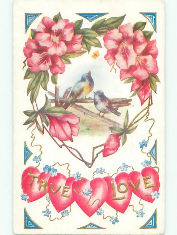 Pre-Linen valentine BIRDS ON FENCE AND TRUE LOVE ON HEARTS k9562