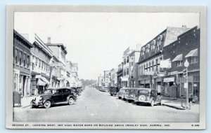 AURORA, IN Indiana ~ Second STREET SCENE c1930s Cars High Water Mark Postcard