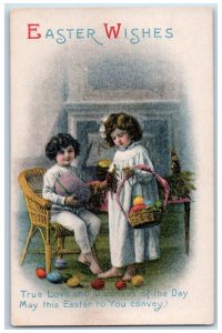 c1910's Easter Wishes Mother And Daughter Basket Of Eggs Rabbit Antique Postcard