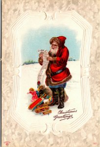 Vtg 1910s Santa Claus Checking His List Christmas Greetings Embossed Postcard