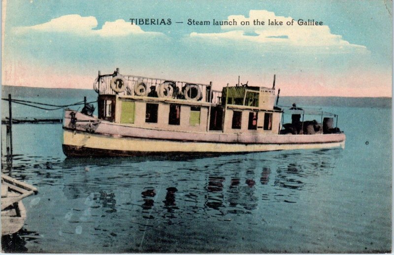 TIBERIAS, Israel     STEAM  LAUNCH Boat on LAKE of GALILEE   c1910s  Postcard