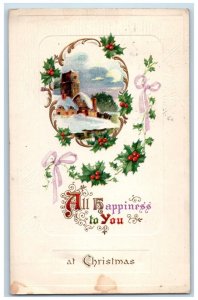 1913 Christmas Holly Berries House Winter Embossed Brackenridge PA Postcard