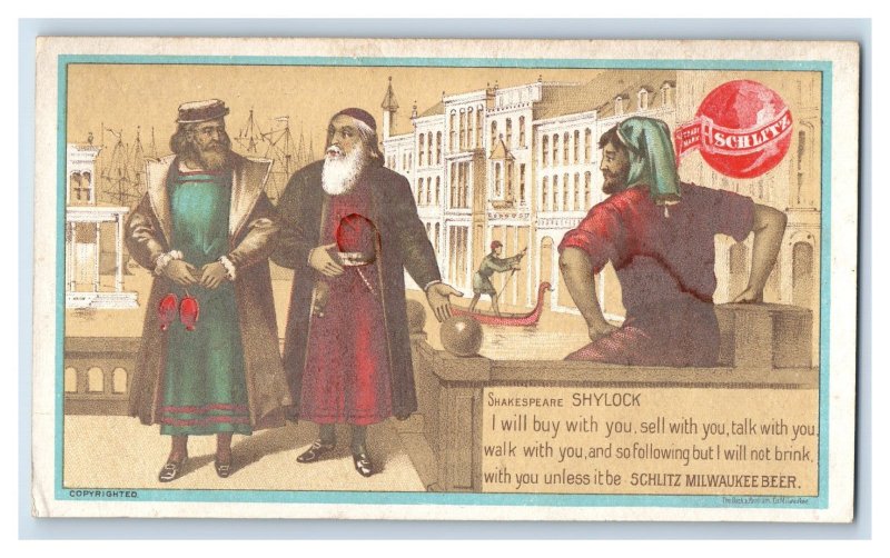 1880's Schlitz Milwaukee Beer Shakespeare Shylock Victorian Trade Card P90