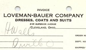 1938 LOVEMAN-BAUER CO. CLEVELAND OH DRESSES COATS SUITS BILLHEAD INVOICE Z1071