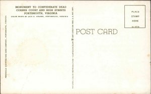 Portsmouth Virginia VA Monument to Confederate Dead Civil War Vintage Postcard