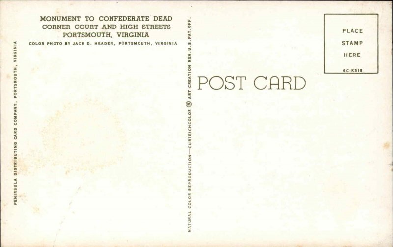 Portsmouth Virginia VA Monument to Confederate Dead Civil War Vintage Postcard