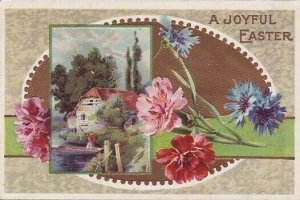 Joyful EASTER Flowers Cabin on Gold Oval Vintage Postcard