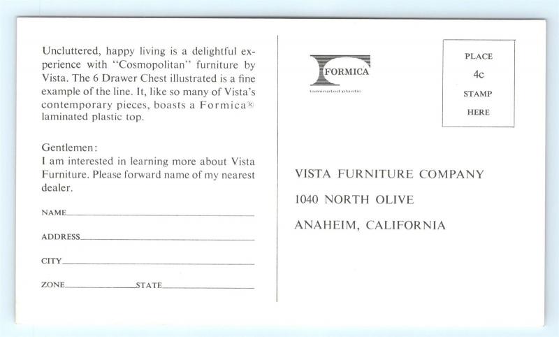 Postcard Ad Mid Century Modern Furniture Formica Ht Vista Anaheim