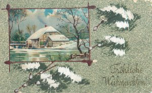 Hand penciled winter scenic water mill seasonal greetings 1908 postcard 