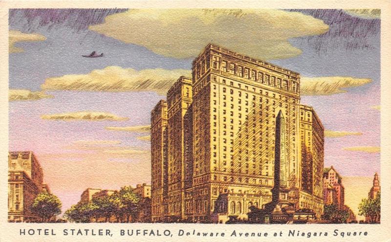 Buffalo New York~Hotel Statler & McKinley Monument @ Sunset~Airplane in Sky~1951