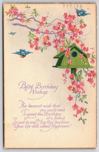 1925 Best Birthday Wishes Flowers Birdhouse Message Greetings Posted Postcard