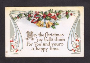 Christmas Greetings Joy Bells Chime Holly Berries 1913 Postcard