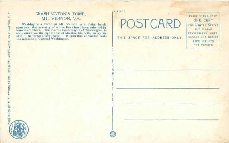 Postcard Mount Vernon, Virginia Washington's Tomb WB Unused