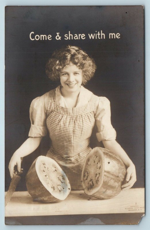  Postcard Woman With Cut Watermelon Come & Share With Me Real Photo RPPC T1