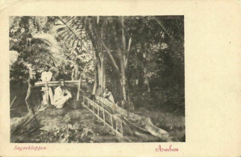 indonesia, MOLUCCAS MALUKU AMBON, Native Males Pounding Sago (1899) Postcard