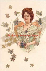 Art Nouveau, Unknown No 360-2, Woman in Green Dress with Flowers, Necklace