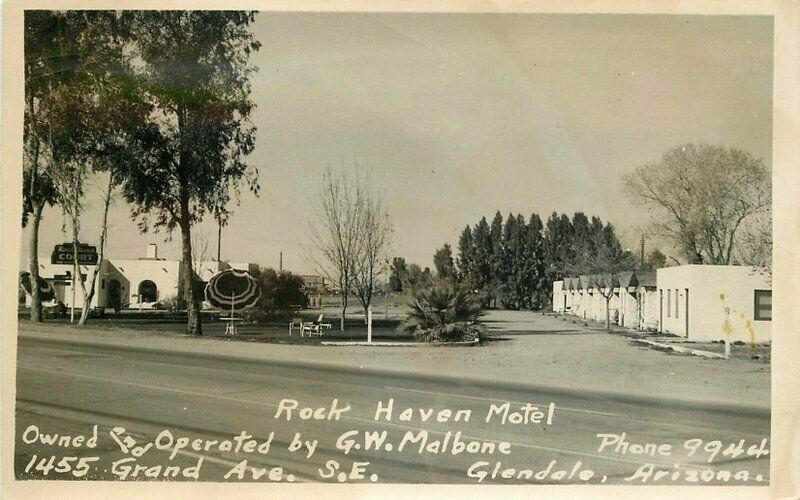 Glendale Arizona Rock Haven Motel Malbone 1940s RPPC Photo Postcard 4616