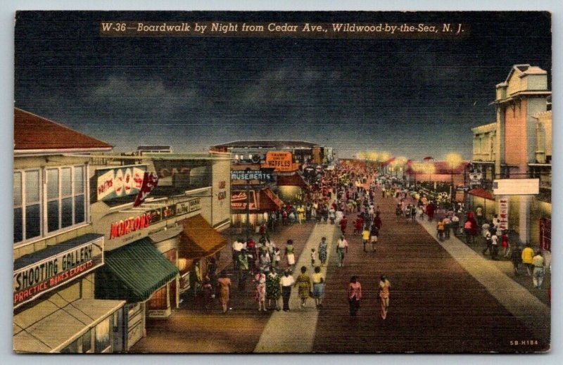 Cedar Ave Boardwalk at Night  Wildwood By-The-Sea  New Jersey   Postcard