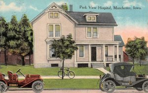 MANCHESTER, Iowa IA  ~ PARK VIEW HOSPITAL  Early Cars & Bicycle  1913 Postcard