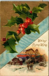 Vintage 1907 Horse Farm Christmas Wishes Holly Leaves, Merry Christmas Postcard