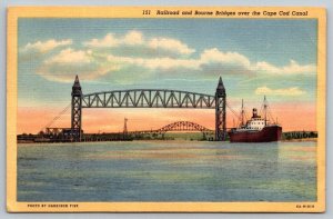 Railroad and Bourne Bridge  Cape Cod Massachusetts   Postcard    1941