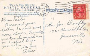 Mystic Workers Fraternal Insurance Home Office Fulton Illinois 1930 postcard